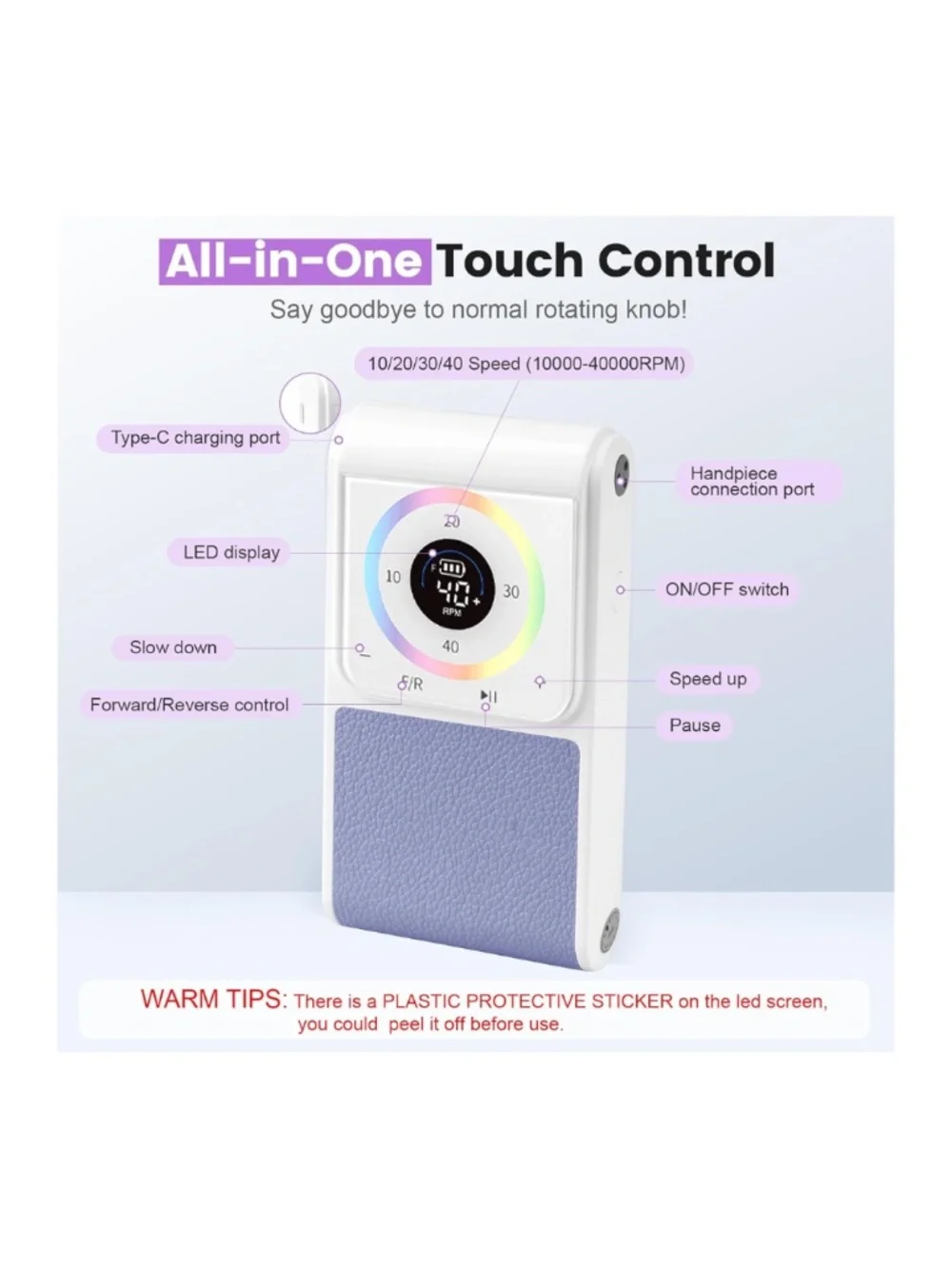 Professional Purple And White Nail Drill 40,000 RPM Cordless Rechargeable